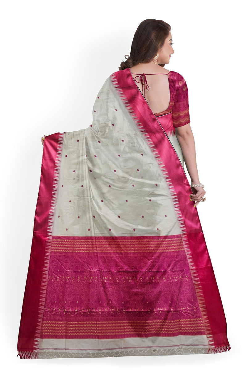 Off-White & Magenta Handloom Garad Silk Saree From Balaram Saha (handloom saree, silk saree, handloom silk saree, balaram saha online, silk sarees, balaram saha handloom saree store photos, balaram saha handloom saree store, silk handloom saree, bengal handloom sarees, pure silk, garad silk sare, silk saree online)  https://photos1.blogger.com/