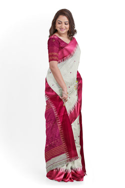 Off-White & Magenta Handloom Garad Silk Saree From Balaram Saha (handloom saree, silk saree, handloom silk saree, balaram saha online, silk sarees, balaram saha handloom saree store photos, balaram saha handloom saree store, silk handloom saree, bengal handloom sarees, pure silk, garad silk sare, silk saree online)  https://www.mediafire.com/