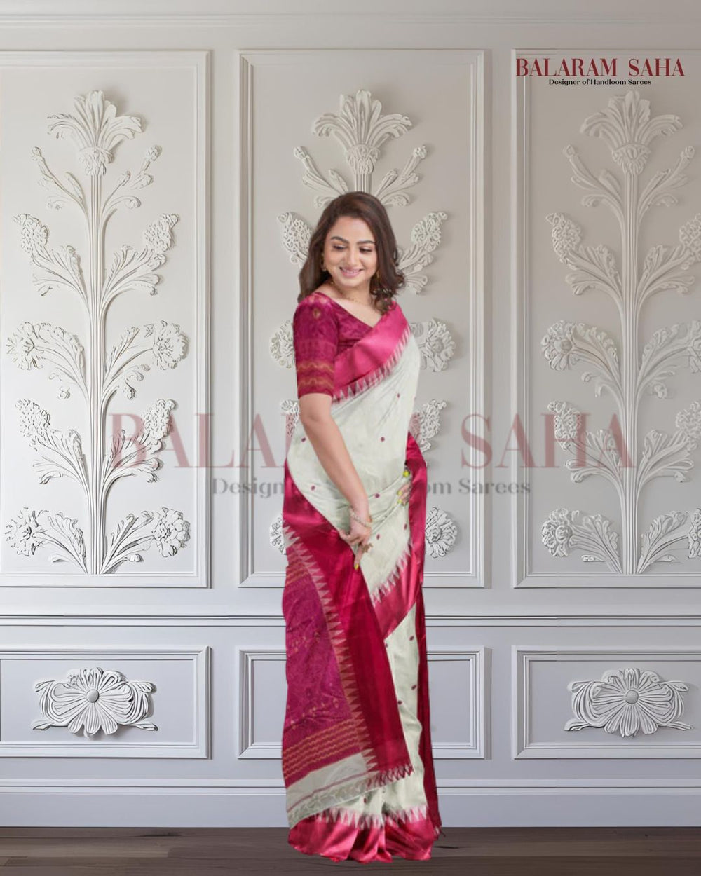 Garad Silk Dreams: The Off-White & Magenta Handloom Saree Masterpiece Of Balaram Saha Balaram Saha