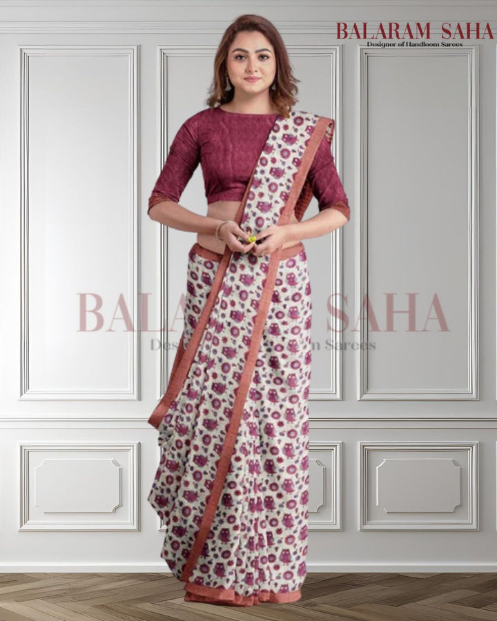Off-White & Magenta Premium Handloom Soft Cotton Saree By Balaram Saha - (handloom saree, cotton saree, handloom cotton saree, balaram saha online, handloom sarees, cotton handloom saree, bengal handloom sarees, pure cotton, cotton saree for women, cotton saree online)

