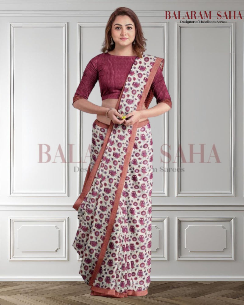 Off-White & Magenta Premium Handloom Soft Cotton Saree By Balaram Saha - (handloom saree, cotton saree, handloom cotton saree, balaram saha online, handloom sarees, cotton handloom saree, bengal handloom sarees, pure cotton, cotton saree for women, cotton saree online)
