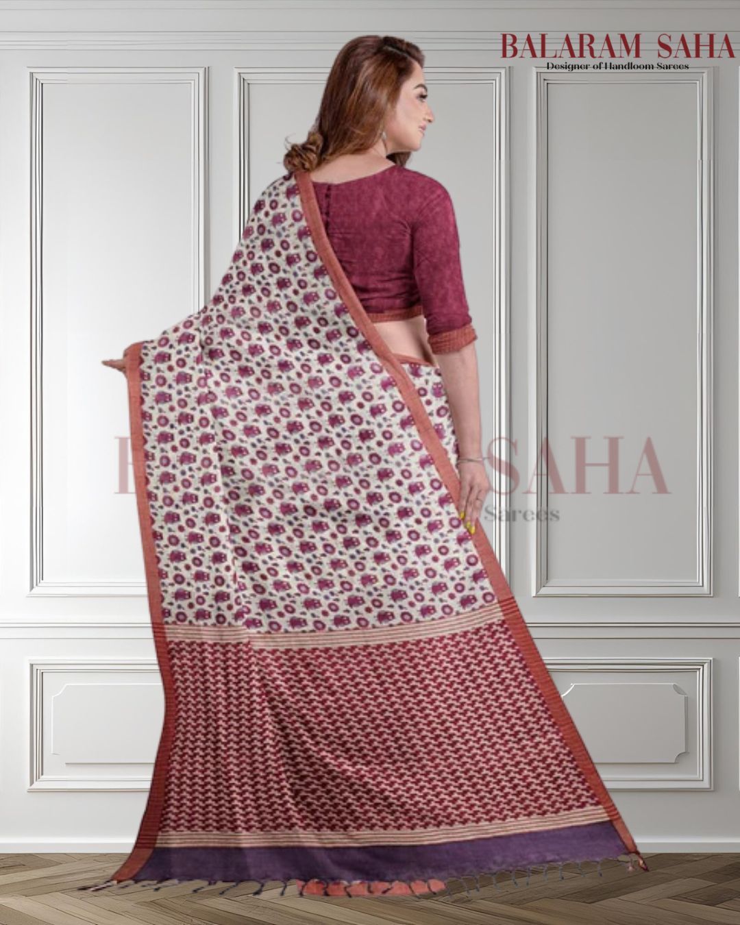 Off-White & Magenta Premium Handloom Soft Cotton Saree By Balaram Saha - (handloom saree, cotton saree, handloom cotton saree, balaram saha online, handloom sarees, cotton handloom saree, bengal handloom sarees, pure cotton, cotton saree for women, cotton saree online)
