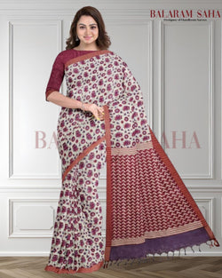 Off-White & Magenta Premium Handloom Soft Cotton Saree By Balaram Saha - (handloom saree, cotton saree, handloom cotton saree, balaram saha online, handloom sarees, cotton handloom saree, bengal handloom sarees, pure cotton, cotton saree for women, cotton saree online)
