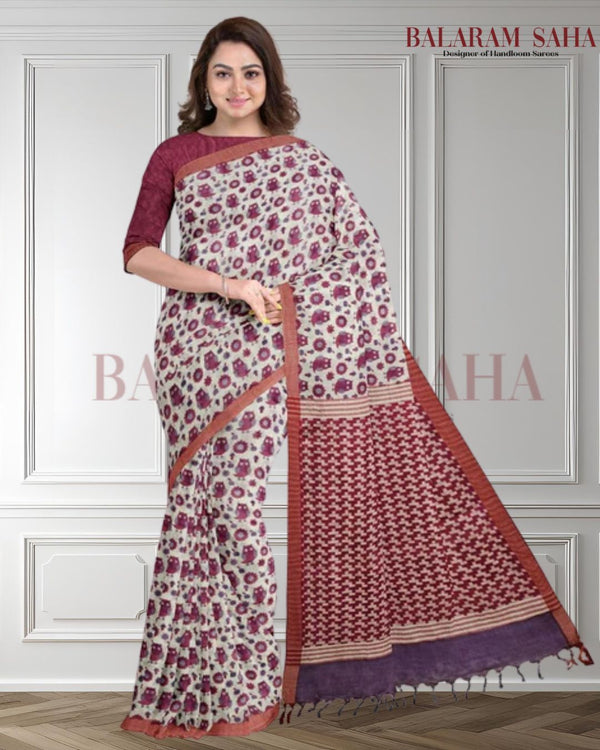 Off-White & Magenta Premium Handloom Soft Cotton Saree By Balaram Saha - (handloom saree, cotton saree, handloom cotton saree, balaram saha online, handloom sarees, cotton handloom saree, bengal handloom sarees, pure cotton, cotton saree for women, cotton saree online)
