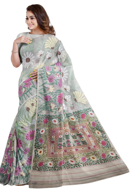 Off-White & Multicolor Sunflower Muslin Silk Jamdani Saree (muslin silk saree, jamdani saree, jamdani sarees, cotton jamdani saree, jamdani cotton saree, handloom cotton saree, balaram saha online, jamdani saree online, soft jamdani saree, muslin silk)   https://www.springer.com/in