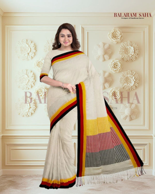 Off-White Premium Quality Handloom Soft Cotton Saree with Contrast Border by Balaram Saha - (handloom saree, cotton saree, handloom cotton saree, balaram saha online, handloom sarees, cotton handloom saree, bengal handloom sarees, pure cotton, cotton saree for women, cotton saree online)      https://www.wikipedia.org/