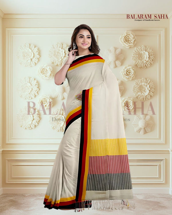 Off-White Premium Quality Handloom Soft Cotton Saree with Contrast Border by Balaram Saha - (handloom saree, cotton saree, handloom cotton saree, balaram saha online, handloom sarees, cotton handloom saree, bengal handloom sarees, pure cotton, cotton saree for women, cotton saree online)     https://www.shutterstock.com/