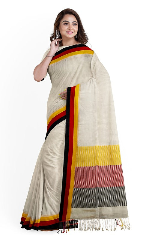 Off-White Premium Quality Handloom Soft Cotton Saree with Contrast Border by Balaram Saha - (handloom saree, cotton saree, handloom cotton saree, balaram saha online, handloom sarees, cotton handloom saree, bengal handloom sarees, pure cotton, cotton saree for women, cotton saree online)     https://www.shutterstock.com/