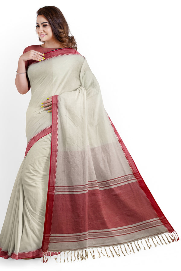 Off-White & Red Handloom Fine Cotton Saree With Red Border Of Balaram Saha (handloom saree, cotton saree, handloom cotton saree, balaram saha online, handloom sarees, balaram saha handloom saree store photos, balaram saha handloom saree store, cotton handloom saree, bengal handloom sarees, pure cotton, cotton saree for women, cotton saree online)  http://www.rebelmouse.com/