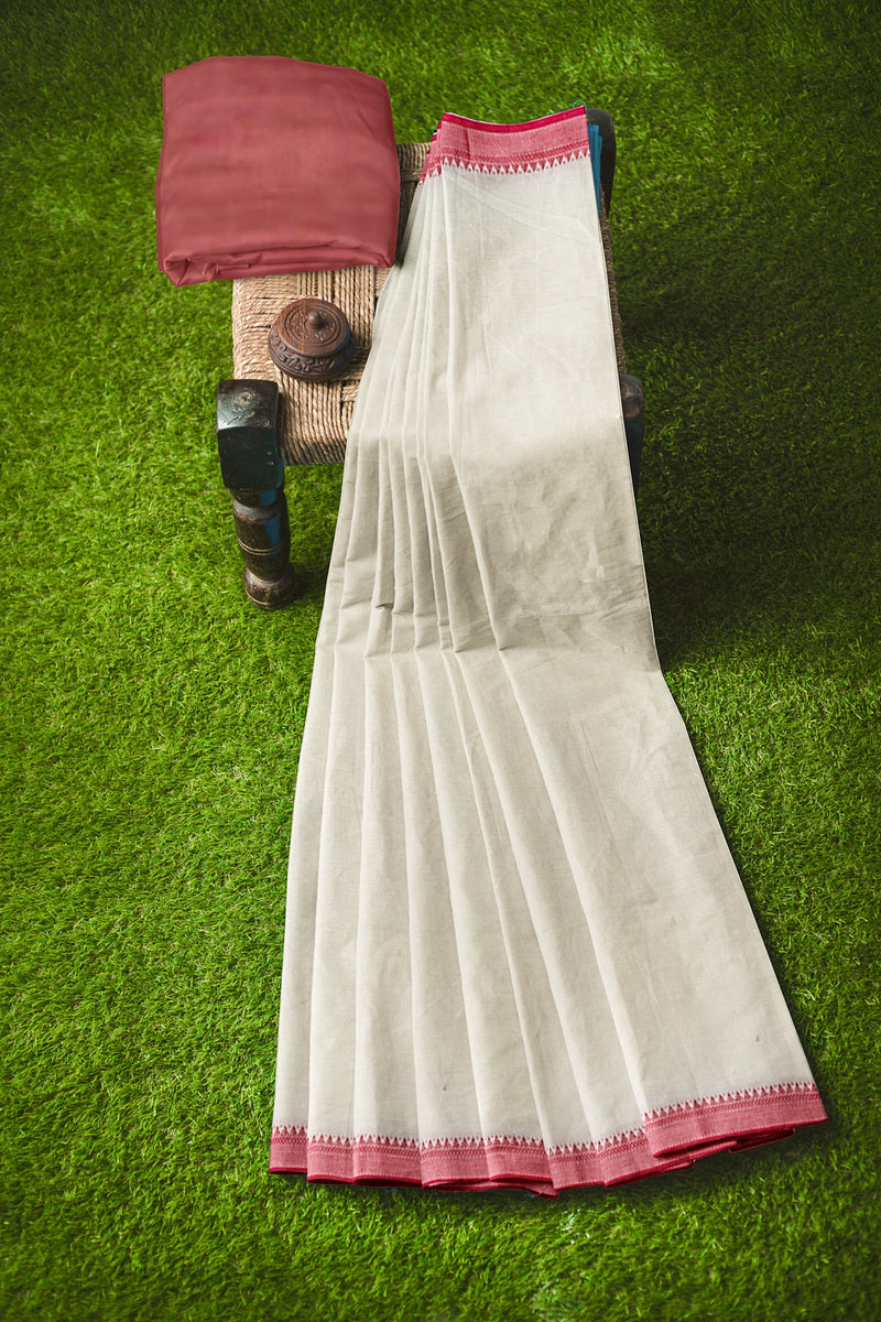 Off-White & Red Handloom Fine Cotton Saree With Red Border Of Balaram Saha  (handloom saree, cotton saree, handloom cotton saree, balaram saha online, handloom sarees, balaram saha handloom saree store photos, balaram saha handloom saree store, cotton handloom saree, bengal handloom sarees, pure cotton, cotton saree for women, cotton saree online)