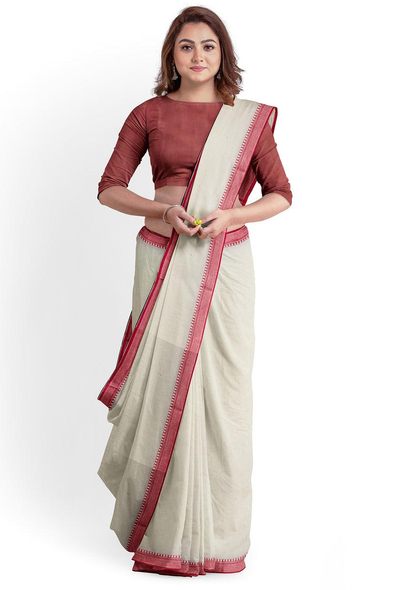 Off-White & Red Handloom Fine Cotton Saree With Red Border Of Balaram Saha  (handloom saree, cotton saree, handloom cotton saree, balaram saha online, handloom sarees, balaram saha handloom saree store photos, balaram saha handloom saree store, cotton handloom saree, bengal handloom sarees, pure cotton, cotton saree for women, cotton saree online)