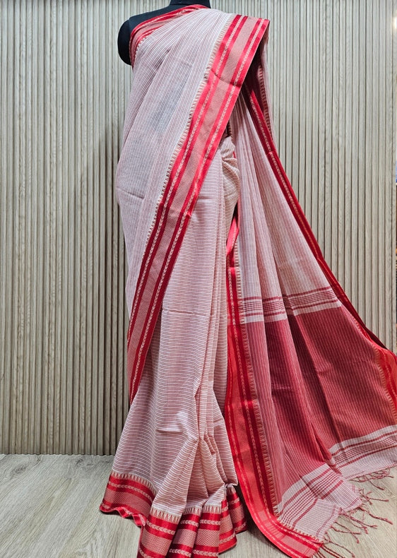 Beige &amp; Red Soft Handloom Cotton Stripes Saree&nbsp; Balaram Saha
