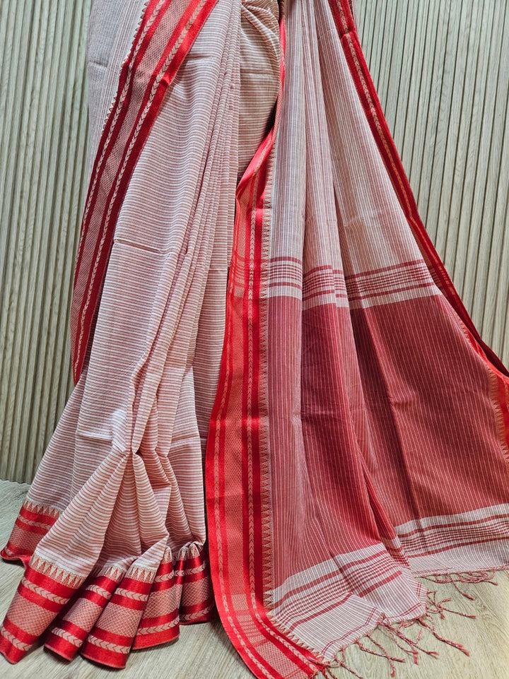 Beige &amp; Red Soft Handloom Cotton Stripes Saree&nbsp; Balaram Saha