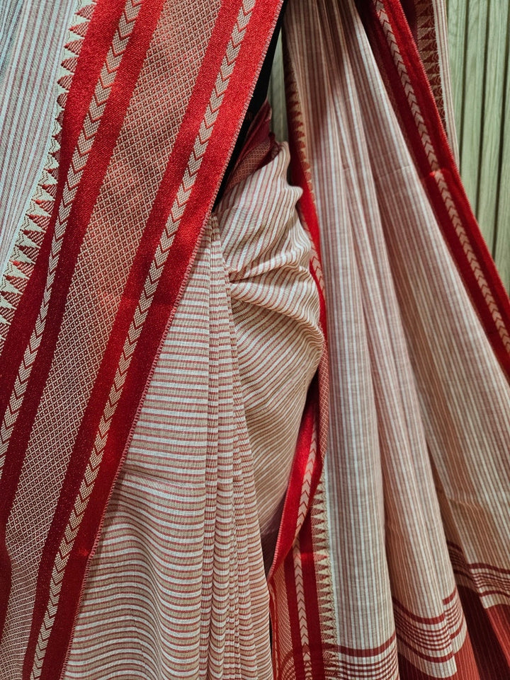 Beige &amp; Red Soft Handloom Cotton Stripes Saree&nbsp; Balaram Saha
