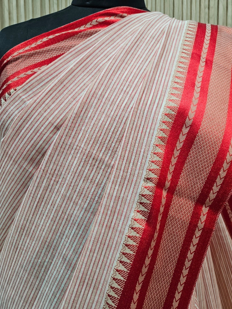 Beige &amp; Red Soft Handloom Cotton Stripes Saree&nbsp; Balaram Saha