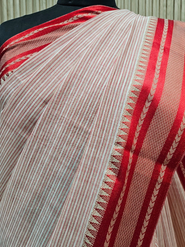 Beige &amp; Red Soft Handloom Cotton Stripes Saree&nbsp; Balaram Saha