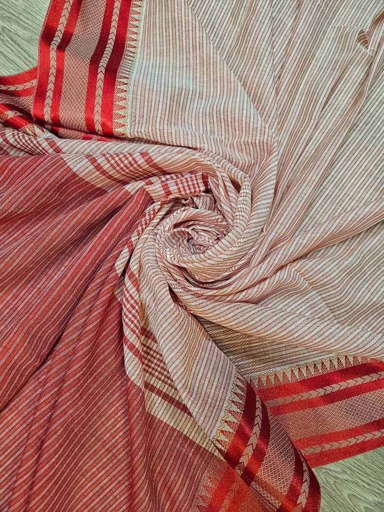 Beige &amp; Red Soft Handloom Cotton Stripes Saree&nbsp; Balaram Saha