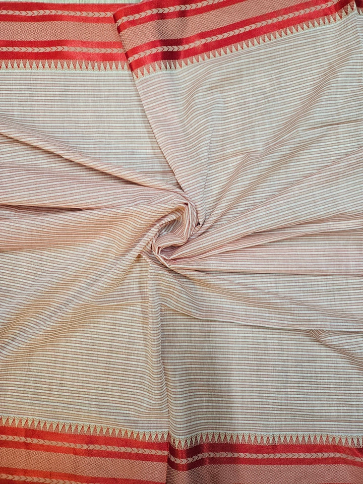 Beige &amp; Red Soft Handloom Cotton Stripes Saree&nbsp; Balaram Saha