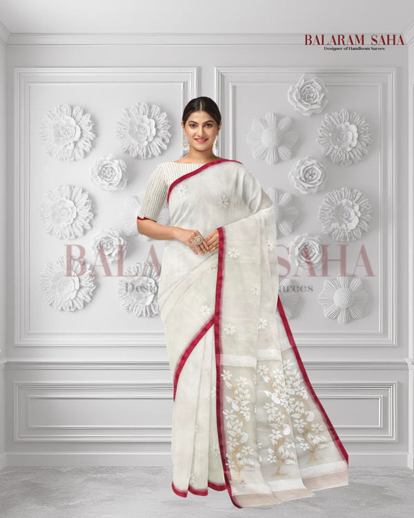 Heritage Excellence: Balaram Saha's Off-White & Red Best Quality Muslin Silk Jamdani Saree  Balaram Saha