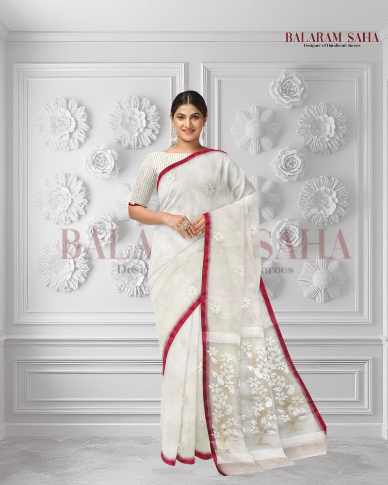 Heritage Excellence: Balaram Saha's Off-White & Red Best Quality Muslin Silk Jamdani Saree  Balaram Saha