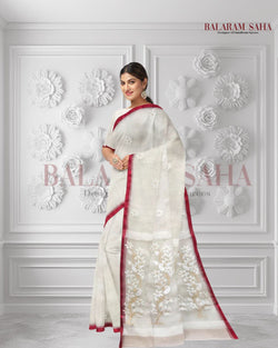 Heritage Excellence: Balaram Saha's Off-White & Red Best Quality Muslin Silk Jamdani Saree  Balaram Saha