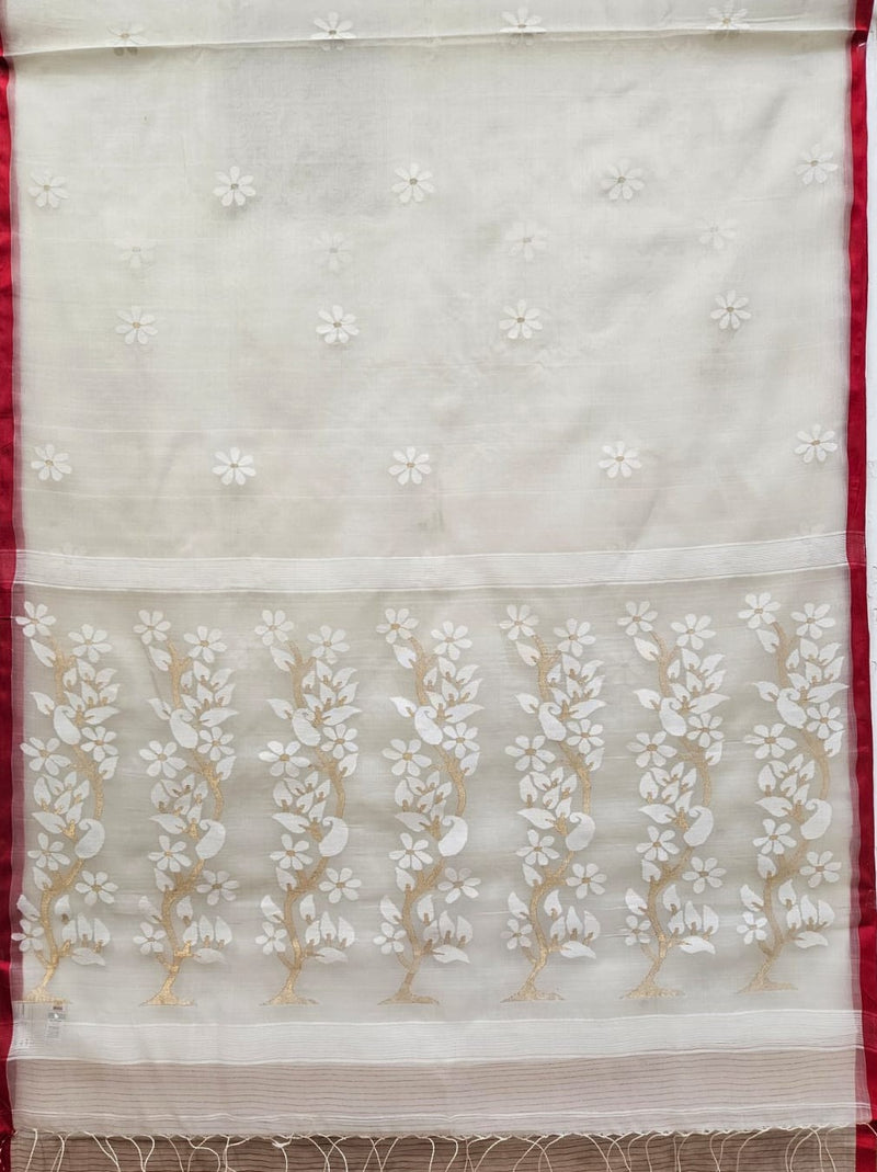 Off-White & Red Best Quality Handwoven Muslin Silk Jamdani Saree (handloom saree, silk saree, handloom silk saree, balaram saha online, silk sarees, balaram saha handloom saree store photos, balaram saha handloom saree store, silk handloom saree, bengal handloom sarees, pure silk, muslin silk saree, muslin silk, silk saree online, jamdani saree, jamdani sarees, cotton jamdani saree, jamdani cotton saree, handloom cotton saree, balaram saha online, jamdani saree online, soft jamdani saree)