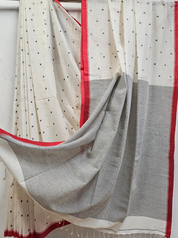 Off-White Red & Black Handloom Handspun Cotton jamdani Saree Balaram Saha