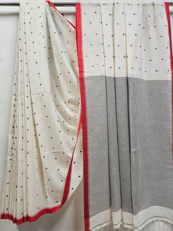 Off-White Red & Black Handloom Handspun Cotton jamdani Saree Balaram Saha
