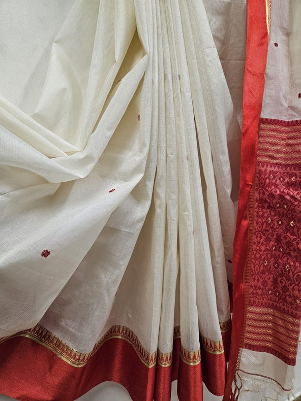 Off-White & Red Handloom Garad Silk Saree With Satin Woven Temple Border by Balaram Saha - (handloom saree, silk saree, handloom silk saree, balaram saha online, silk sarees, silk handloom saree, bengal handloom sarees, pure silk, garad silk saree, silk saree online, bengali silk saree)  https://www.adobe.com/