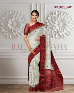 Balaram Saha's Off-White & Red Handloom Garad Silk Saree With Satin Woven Temple Border: Timeless Elegance Balaram Saha