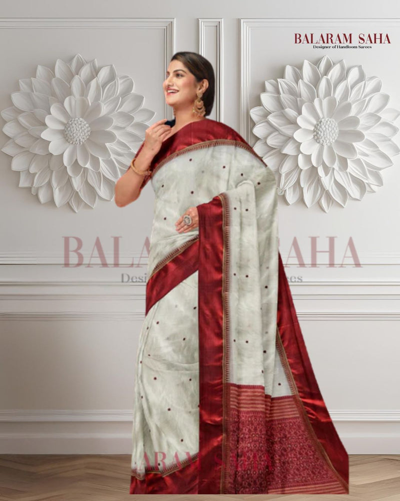 Balaram Saha's Off-White & Red Handloom Garad Silk Saree With Satin Woven Temple Border: Timeless Elegance Balaram Saha