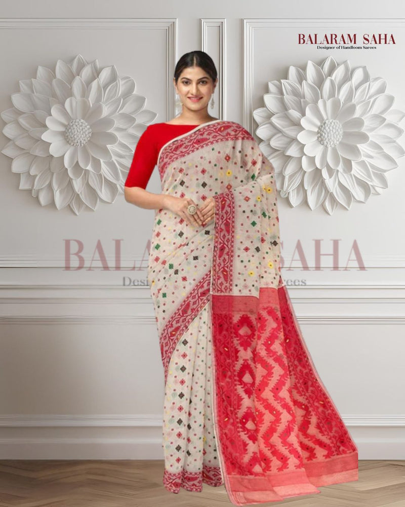 Off-White & Red Soft Handloom Jacquard Jamdani saree, Balaram Saha