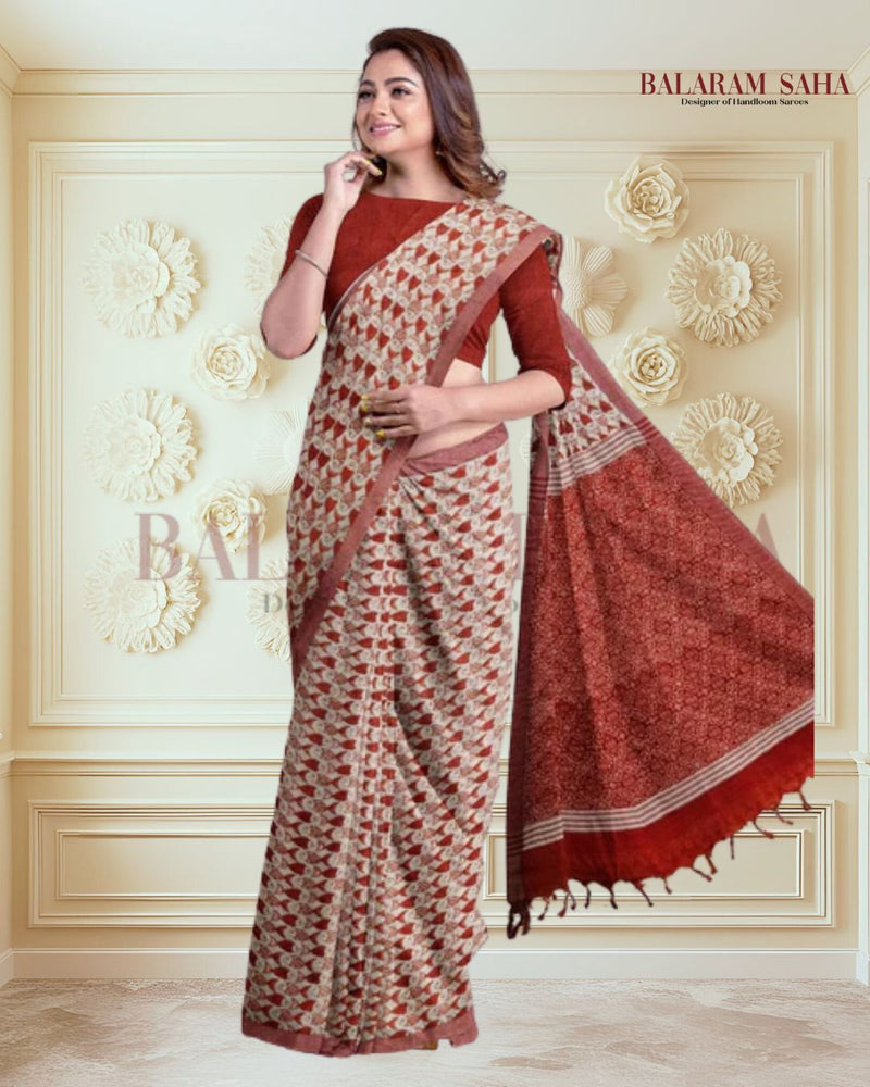 Off-White & Red Premium Handloom Cotton Saree (Fish Print) - A Balaram Saha - (handloom saree, cotton saree, handloom cotton saree, balaram saha online, handloom sarees, cotton handloom saree, bengal handloom sarees, pure cotton, cotton saree for women, cotton saree online)
