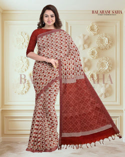 Off-White & Red Premium Handloom Cotton Saree (Fish Print) - A Balaram Saha - (handloom saree, cotton saree, handloom cotton saree, balaram saha online, handloom sarees, cotton handloom saree, bengal handloom sarees, pure cotton, cotton saree for women, cotton saree online)
