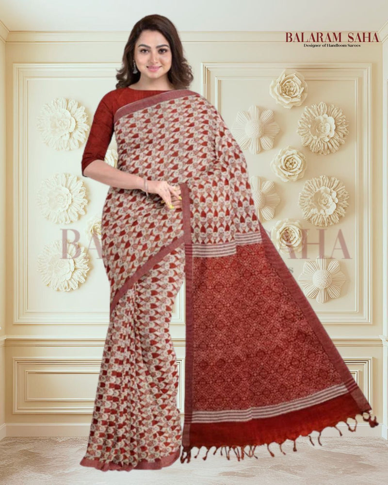 Off-White & Red Premium Handloom Cotton Saree (Fish Print) - A Balaram Saha - (handloom saree, cotton saree, handloom cotton saree, balaram saha online, handloom sarees, cotton handloom saree, bengal handloom sarees, pure cotton, cotton saree for women, cotton saree online)
