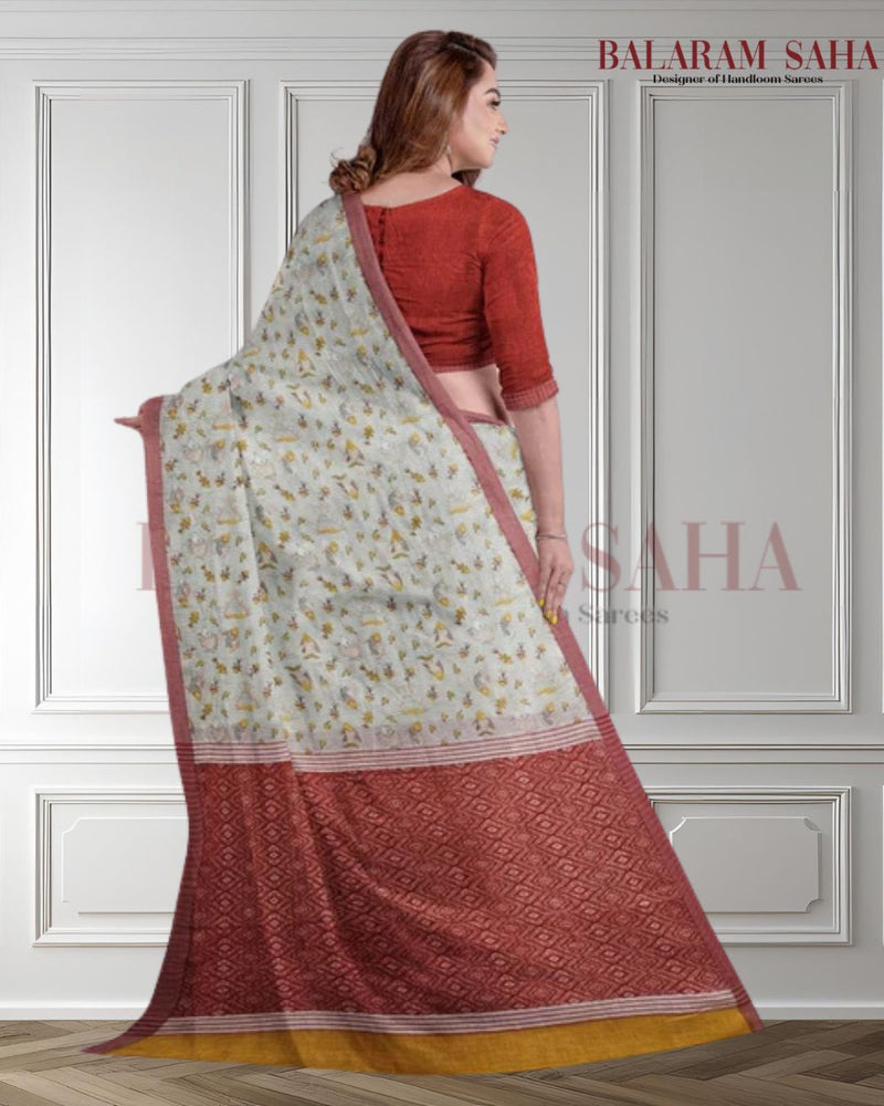 Off-White & Red Premium Handloom Cotton Saree (Fish Print) Balaram Saha - (handloom saree, cotton saree, handloom cotton saree, balaram saha online, handloom sarees, cotton handloom saree, bengal handloom sarees, pure cotton, cotton saree for women, cotton saree online)  https://www.gov.uk/