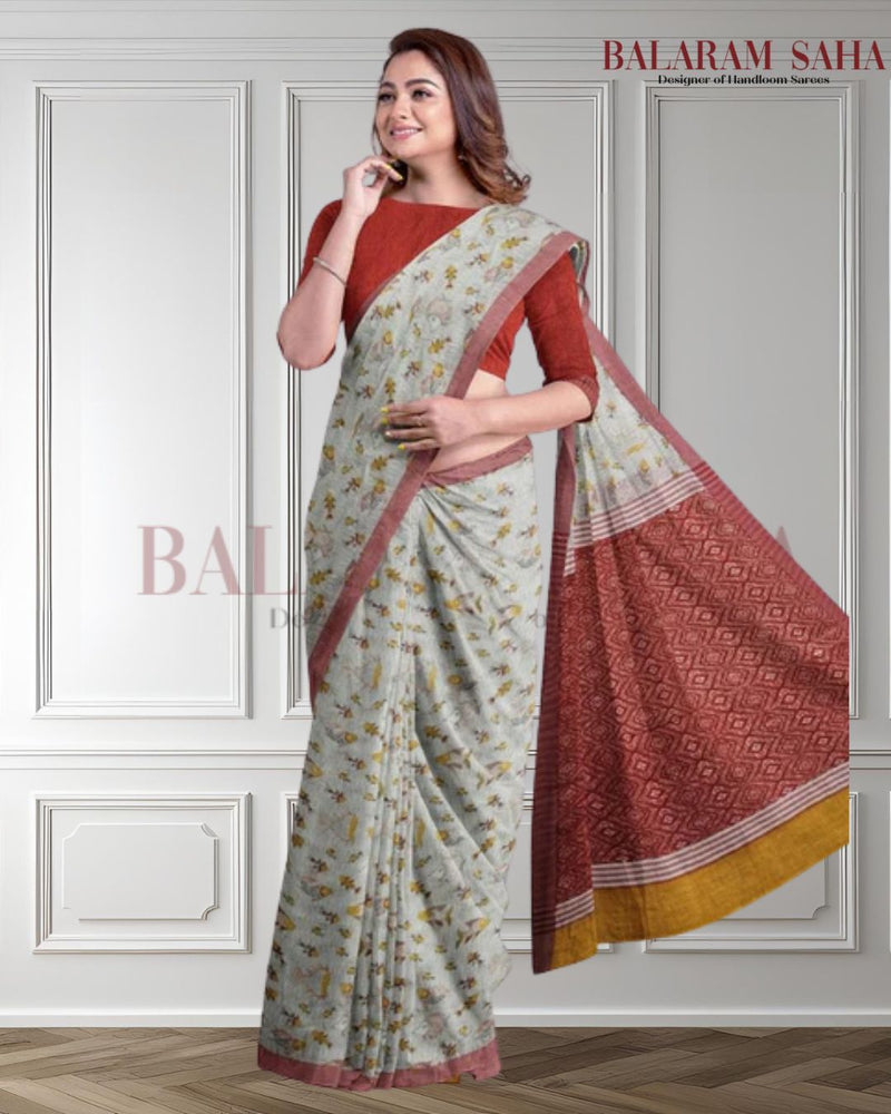 Off-White & Red Premium Handloom Cotton Saree (Fish Print) Balaram Saha - (handloom saree, cotton saree, handloom cotton saree, balaram saha online, handloom sarees, cotton handloom saree, bengal handloom sarees, pure cotton, cotton saree for women, cotton saree online)   https://www.theguardian.com/international