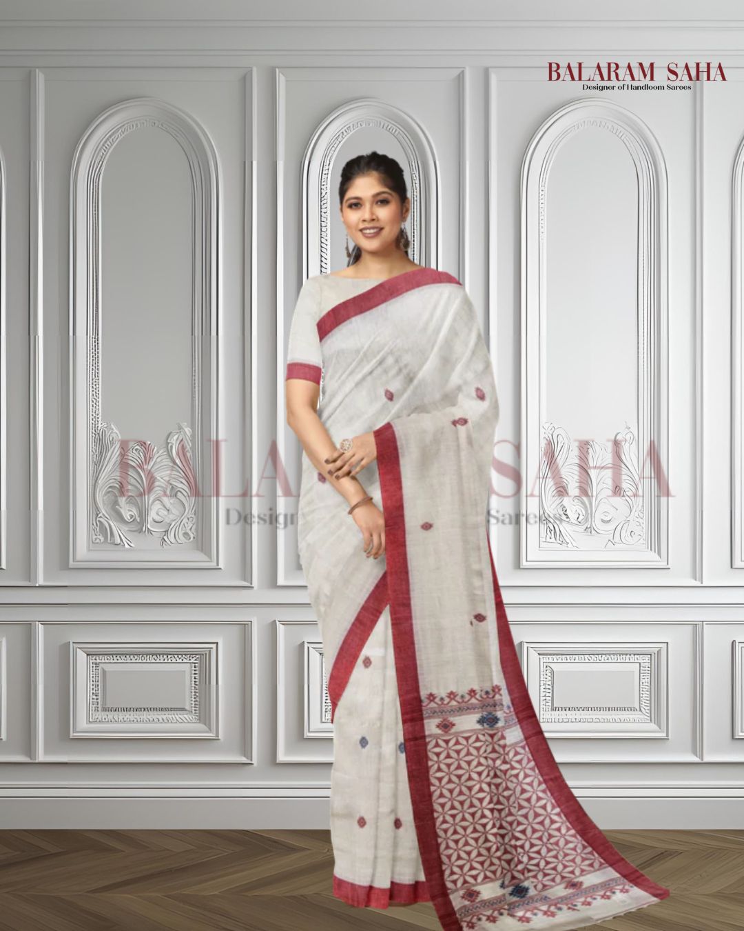 Off-White Tussar Silk Saree Features a Sriking Red Contrast Plain Border Balaram Saha