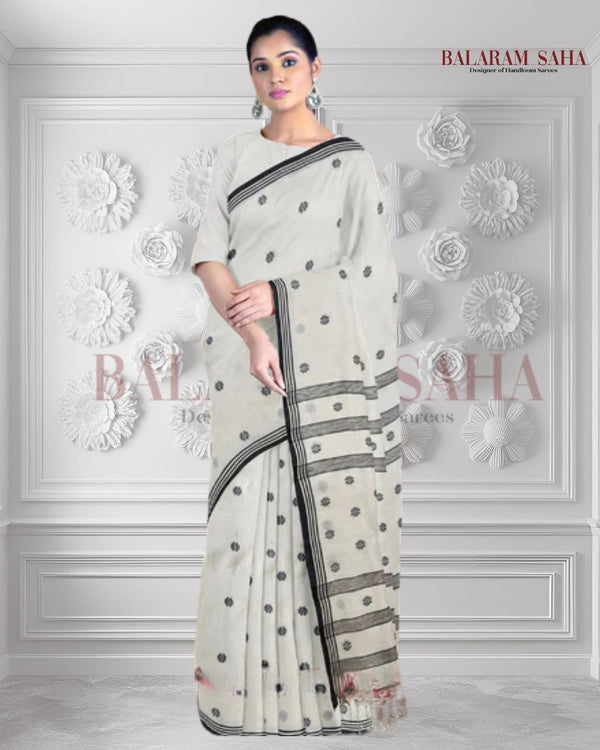 Off-White and Black Handspun Cotton Jamdani Saree by Balaram Saha Balaram Saha