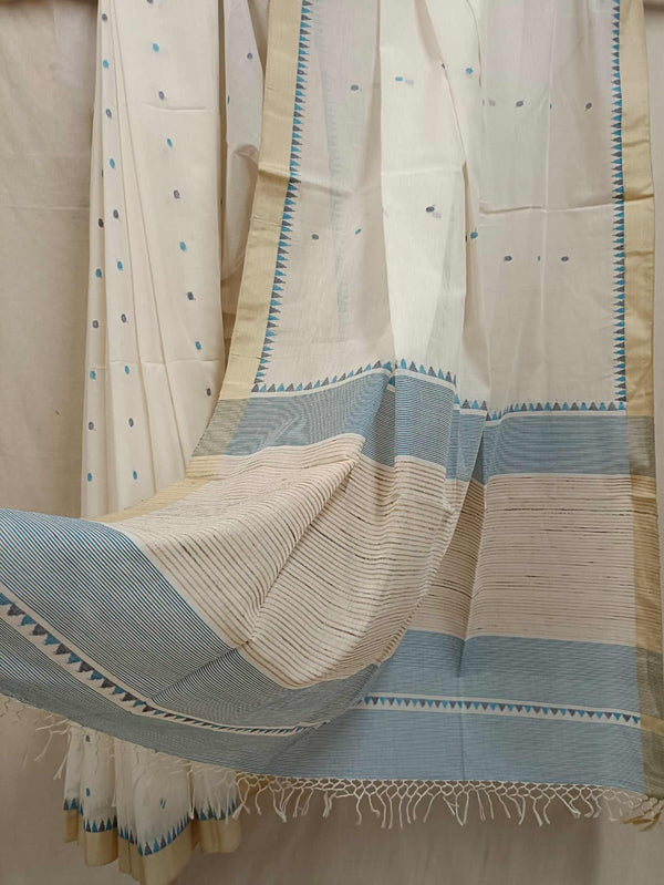 White and Blue Fine Handloom Cotton Handwoven Jamdani Saree Balaram Saha