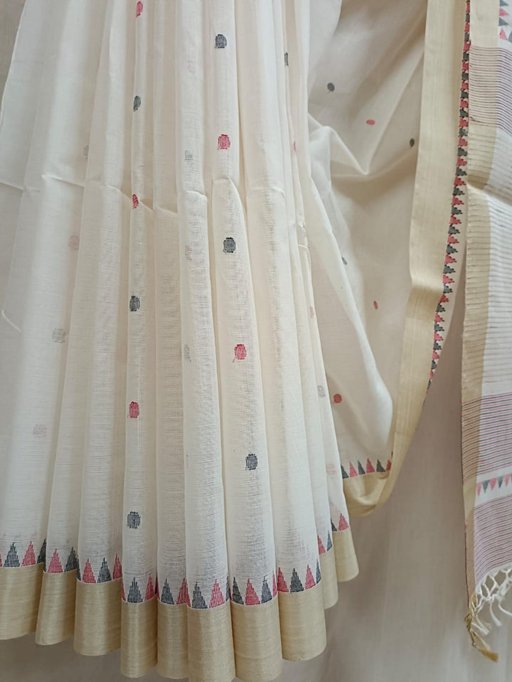 Off-White Fine Handloom Cotton Handwoven Jamdani Saree Balaram Saha
