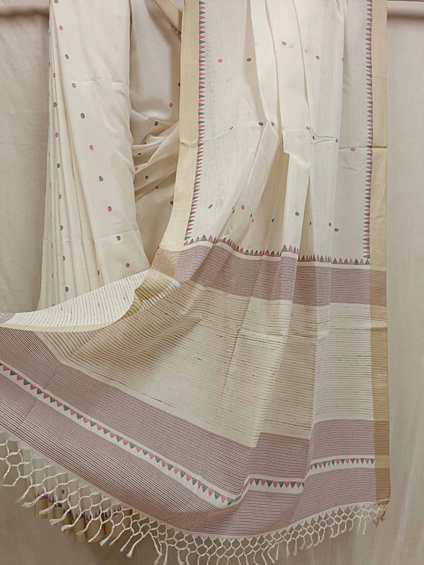Off-White Fine Handloom Cotton Handwoven Jamdani Saree Balaram Saha