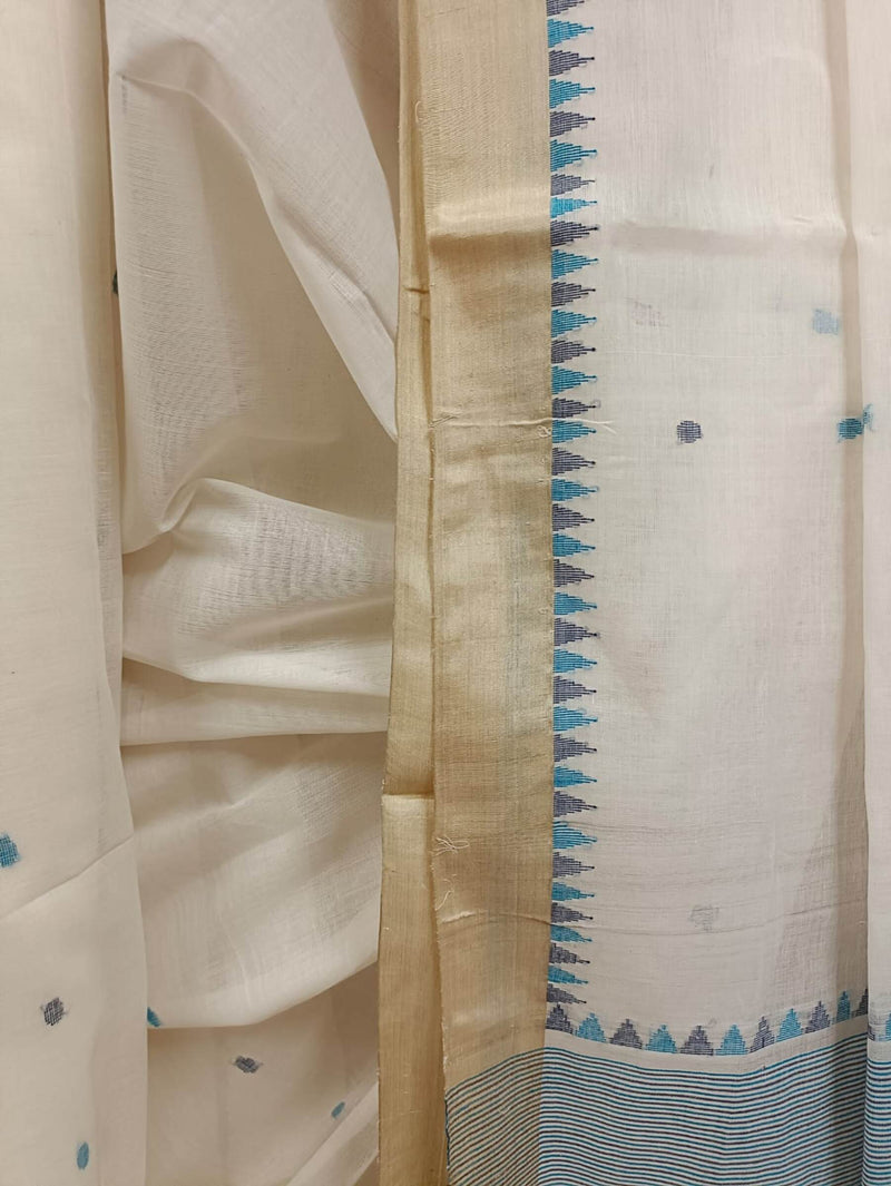 White and Blue Fine Handloom Cotton Handwoven Jamdani Saree Balaram Saha