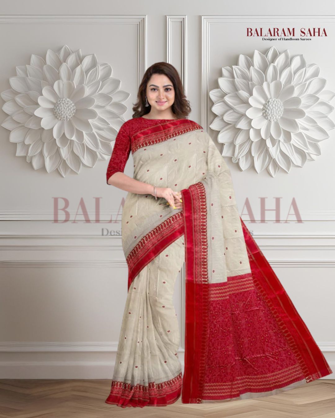 Off-White  Handloom Traditional Gard Silk Saree Balaram Saha
