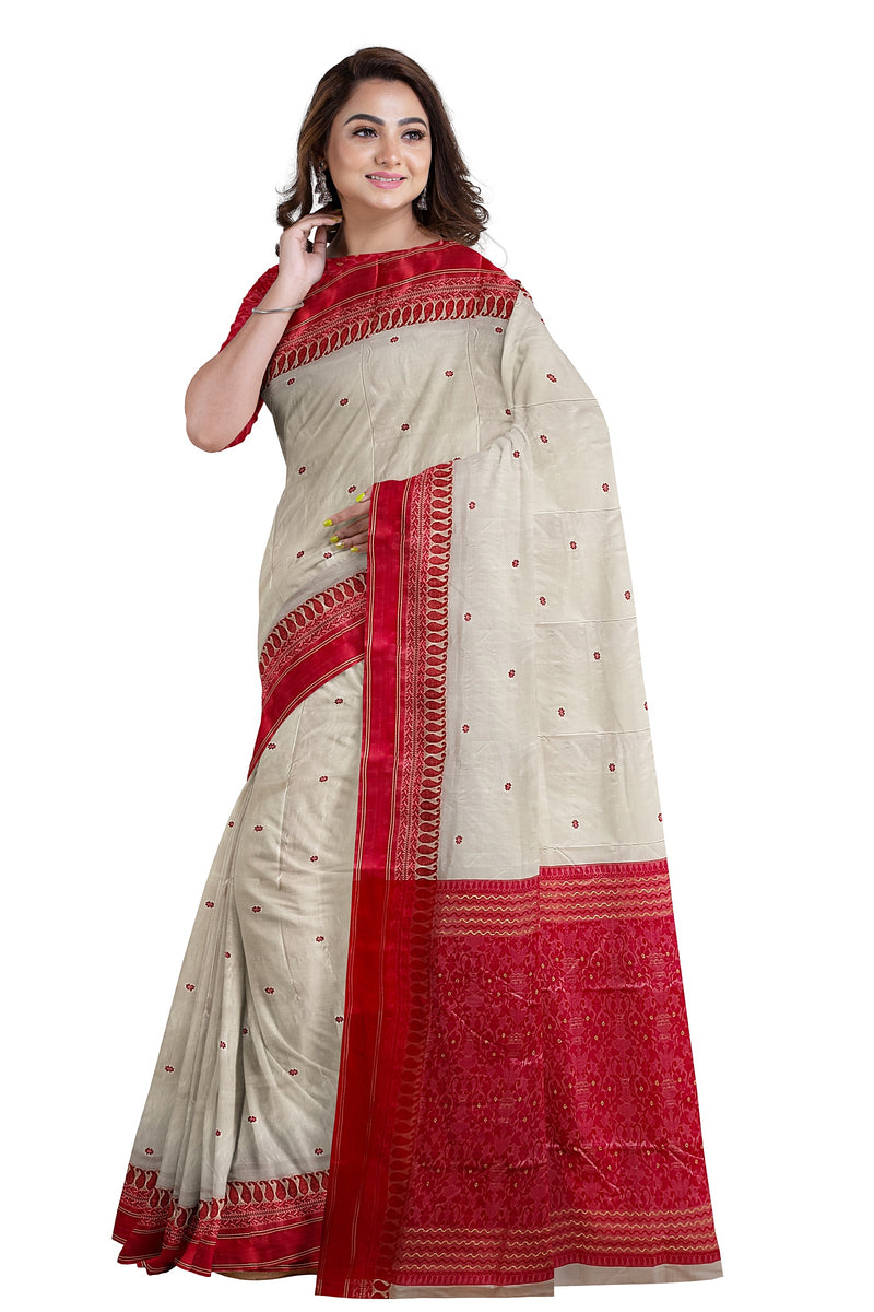 Off-White  Handloom Traditional Gard Silk Saree Balaram Saha