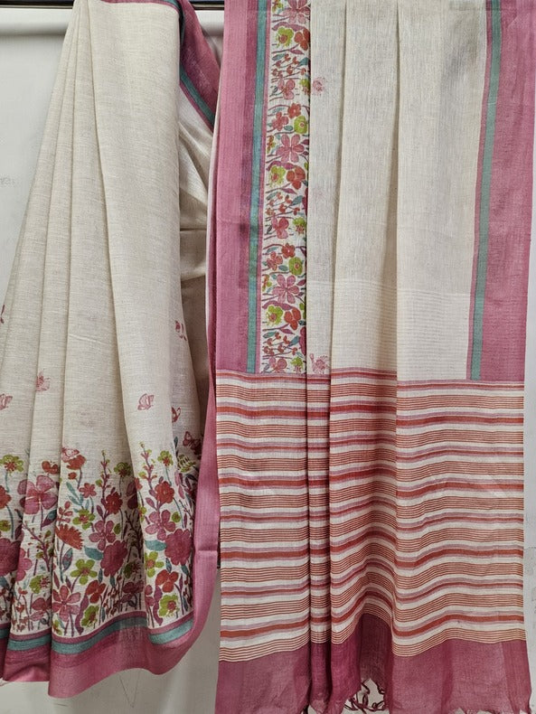 Off White Pink Premium Handloom Linen Printed Saree by Balaram Saha - (handloom saree, cotton sarees, handloom cotton saree, balaram saha online, handloom sarees, latest handloom cotton sarees, pure handloom cotton sarees, cotton handloom saree, kolkata cotton saree, pure cotton, white cotton saree, cotton saree online, khadi cotton saree, cotton saree collection, bangladeshi cotton saree, saree cotton saree, bengal cotton sarees in Kolkata, bengali cotton saree, cotton saree with border, linen saree)
