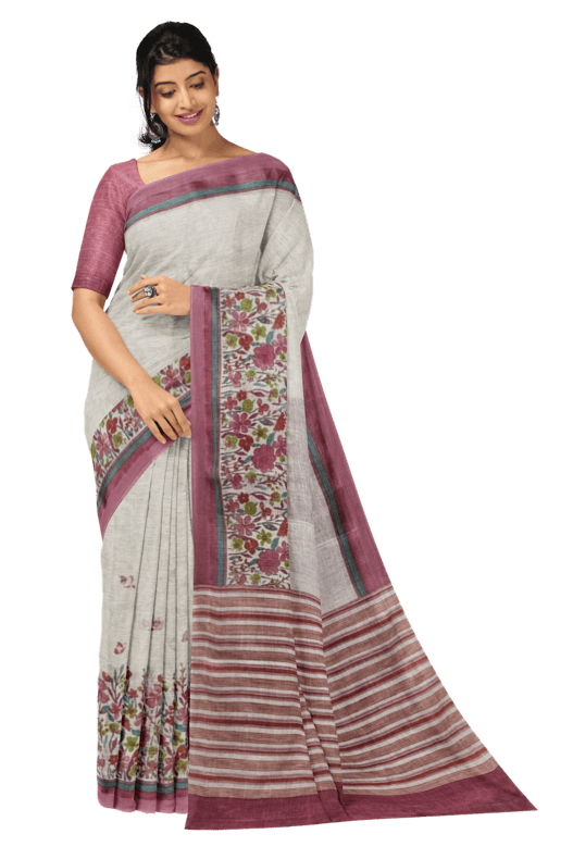 Off White Pink Premium Handloom Linen Printed Saree by Balaram Saha - (handloom saree, cotton sarees, handloom cotton saree, balaram saha online, handloom sarees, latest handloom cotton sarees, pure handloom cotton sarees, cotton handloom saree, kolkata cotton saree, pure cotton, white cotton saree, cotton saree online, khadi cotton saree, cotton saree collection, bangladeshi cotton saree, saree cotton saree, bengal cotton sarees in Kolkata, bengali cotton saree, cotton saree with border, linen saree)
