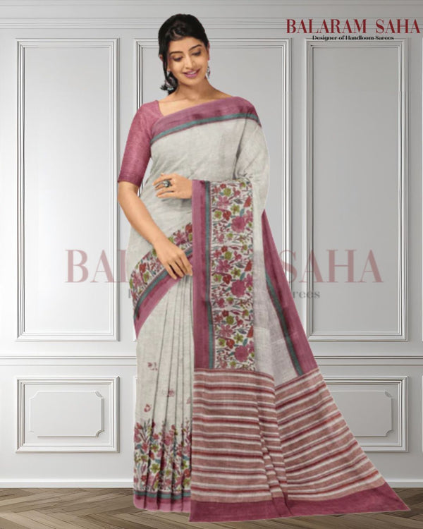 Off White Pink Premium Handloom Linen Printed Saree by Balaram Saha - (handloom saree, cotton sarees, handloom cotton saree, balaram saha online, handloom sarees, latest handloom cotton sarees, pure handloom cotton sarees, cotton handloom saree, kolkata cotton saree, pure cotton, white cotton saree, cotton saree online, khadi cotton saree, cotton saree collection, bangladeshi cotton saree, saree cotton saree, bengal cotton sarees in Kolkata, bengali cotton saree, cotton saree with border, linen saree)

