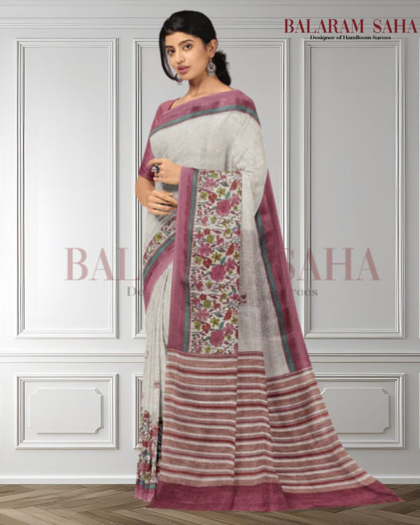 Off White Pink Premium Handloom Linen Printed Saree by Balaram Saha - (handloom saree, cotton sarees, handloom cotton saree, balaram saha online, handloom sarees, latest handloom cotton sarees, pure handloom cotton sarees, cotton handloom saree, kolkata cotton saree, pure cotton, white cotton saree, cotton saree online, khadi cotton saree, cotton saree collection, bangladeshi cotton saree, saree cotton saree, bengal cotton sarees in Kolkata, bengali cotton saree, cotton saree with border, linen saree)
