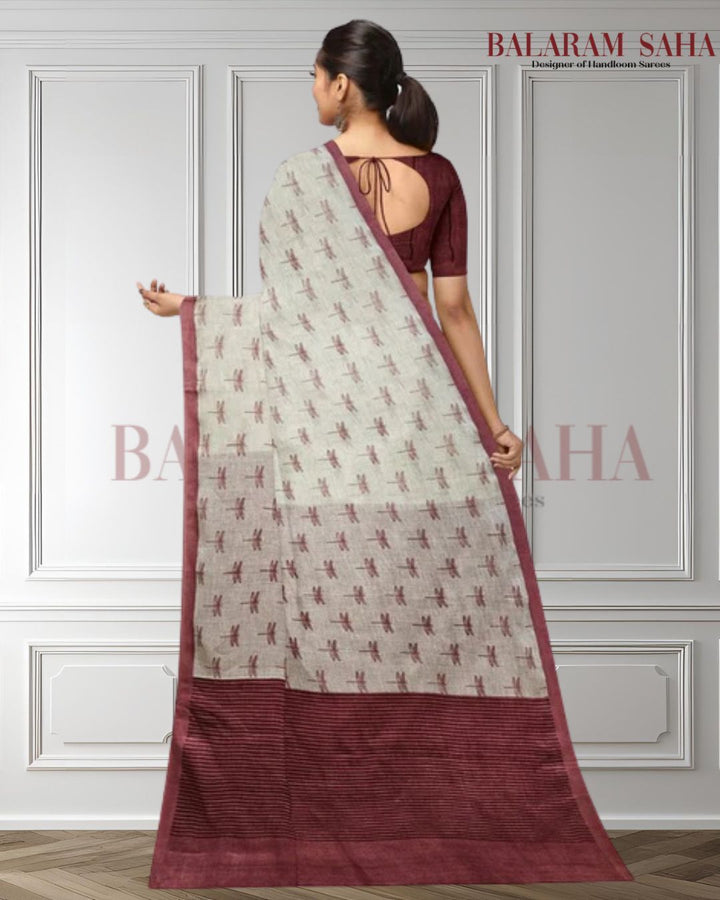 Off White Premium Qaulity Handloom  Printed Linen Saree Balaram Saha